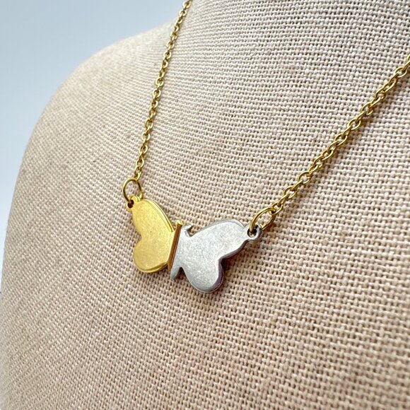 Gold & Silver Tone Butterfly Chain Necklace Spring Ring Clasp Size 15" Length - Picture 1 of 11